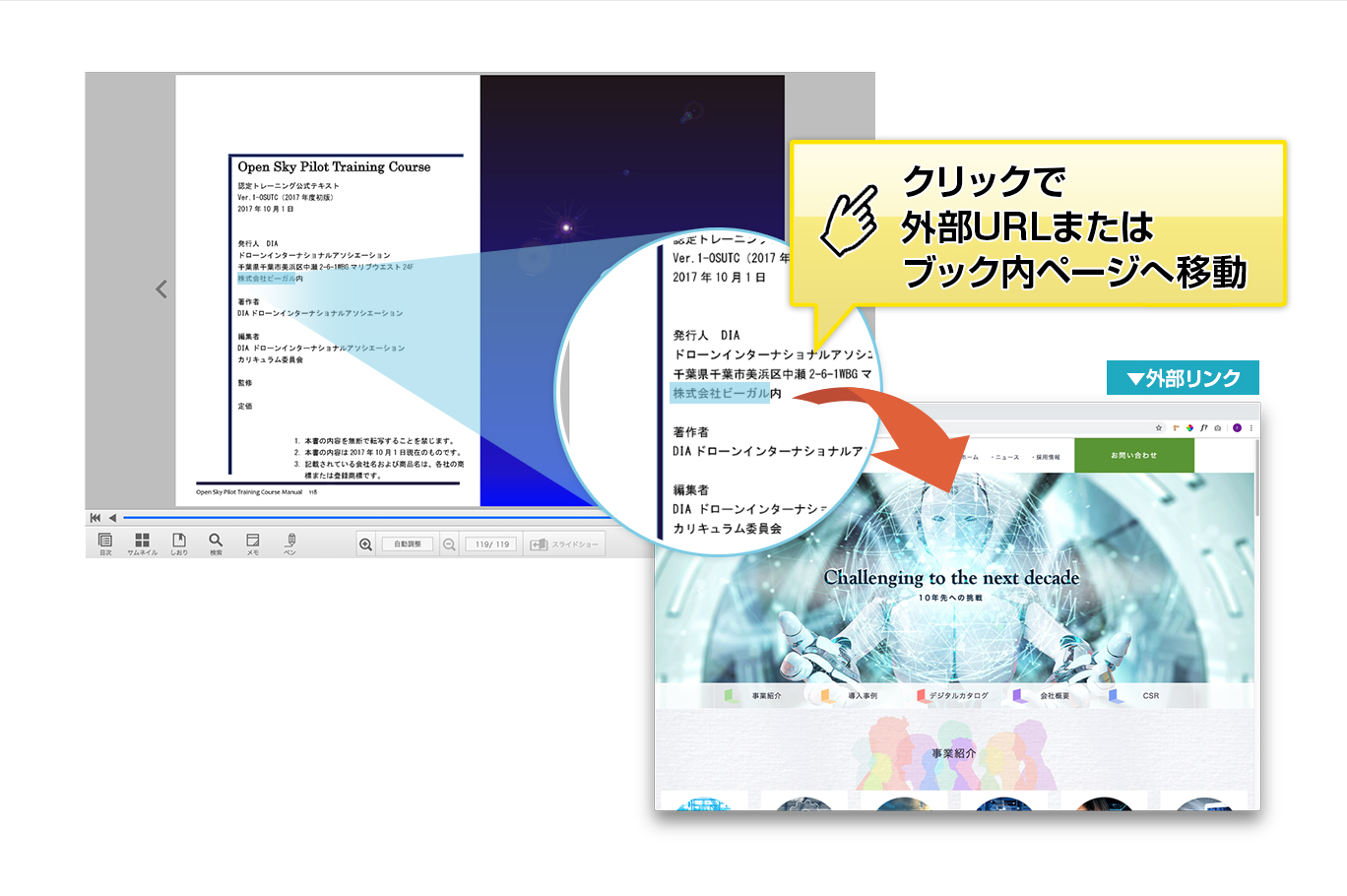 クリックで外部URLまたはブック内ページへ移動